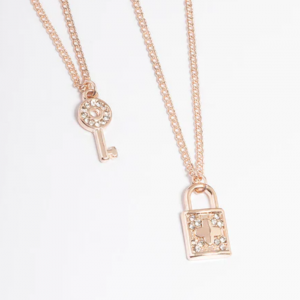 Creazione di gioielli personalizzati Collana con lucchetto e chiave placcata oro rosa con zirconi cubici, confezione da 2