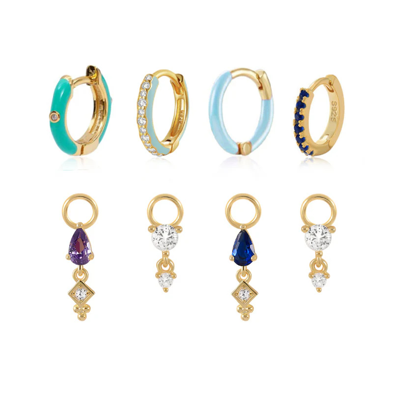 Custom Design USA Earring Per Piece In 18Ct Gold Plated Silver, Blue And White Zirconia