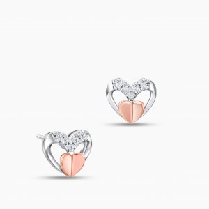 Custom Made Heart Stud Earrings with Natural White CZ in 10K Rose Gold over Sterling Silver