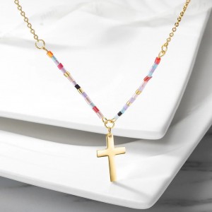 Custom Made Silver Jewelry Facory OEM ODM Colorful Beaded Cross in 14K Plated Gold Necklace