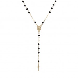 Custom Men’s Gold and Black Onyx Rosary Necklace Vermeil Yellow 18 kt Gold With Cross Christ