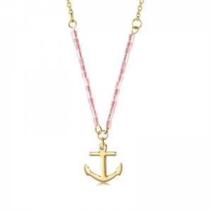 Custom Personalized Silver Necklace Supplier Pink Beaded Anchor Pendant in 14K Plated Gold Necklace