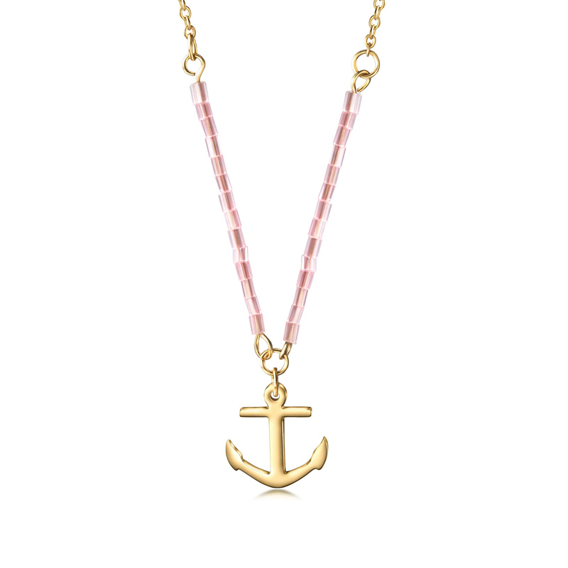 Custom Personalized Silver Necklace Supplier Pink Beaded Anchor Pendant in 14K Plated Gold Necklace