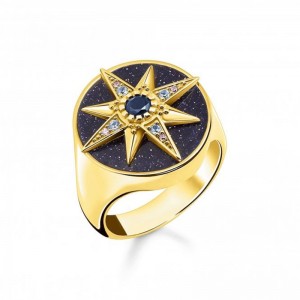 Mayorista de joyería personalizada hecho anillo de sello de estrella cósmica CZ de color plata chapado en oro amarillo 925