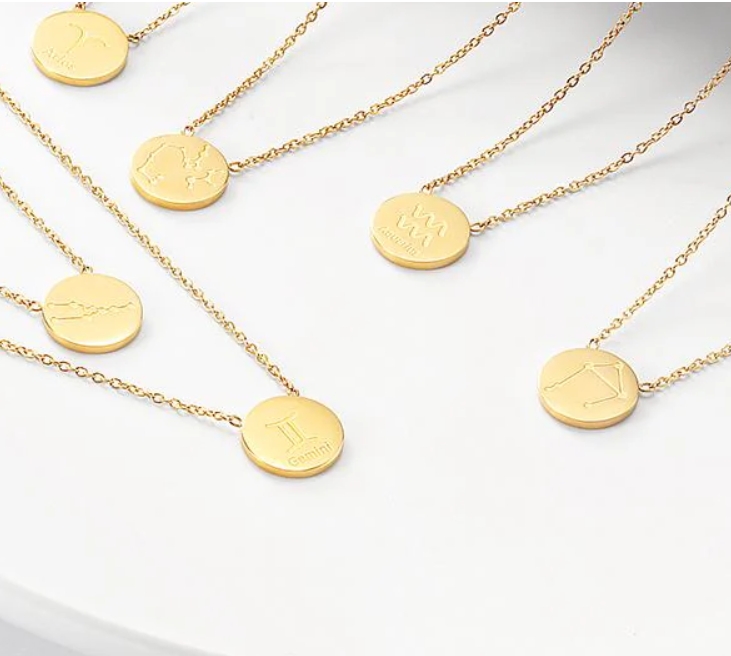 Custom-made Name Necklaces Glossy Gold Round Zodiac in 14K plated Gold Necklace