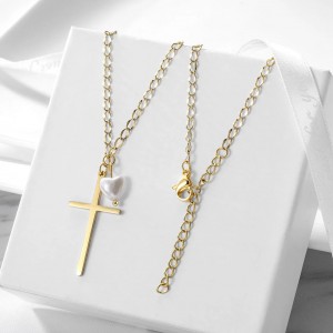 Customizable Cross Pendants Cross with Love-shaped Pearl Pendant in 14K Plated Gold Necklace