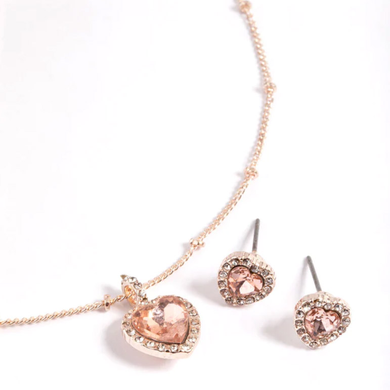 Zlatý vermeil vyrobený šperky Rose Gold pozlacené Heart Halo Ball náhrdelník a Stud Pack Set