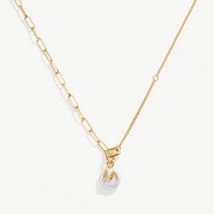 Manufacturer of Circle Pearl Letter Pendant Paperclip Chain Necklace in 18K Gold