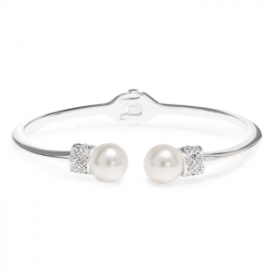 Venta al por mayor de joyas chapadas en rodio, brazalete abierto con perlas plateadas y pavimentadas personalizadas
